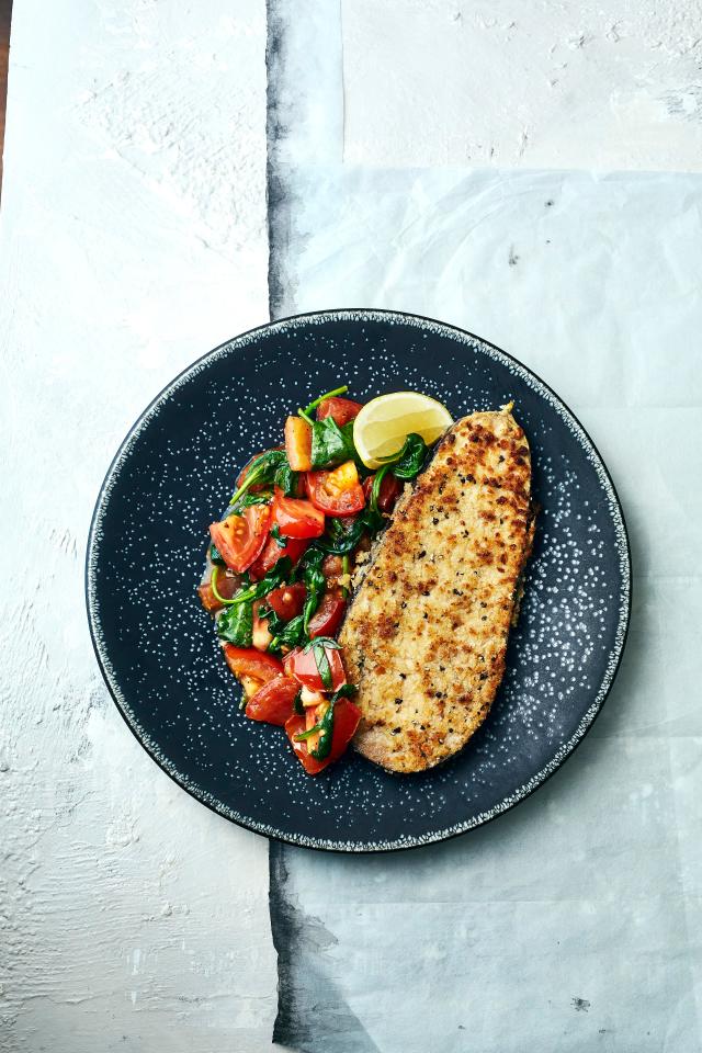  Miguel's aubergine schnitzel with warm salsa is only 316 calories