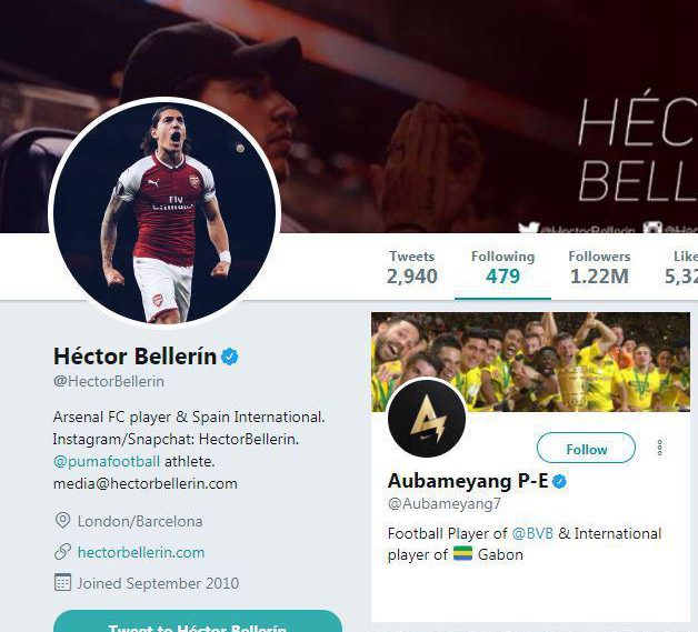  Hector Bellerin is now 'following' Pierre-Emerick Aubameyang on Twitter