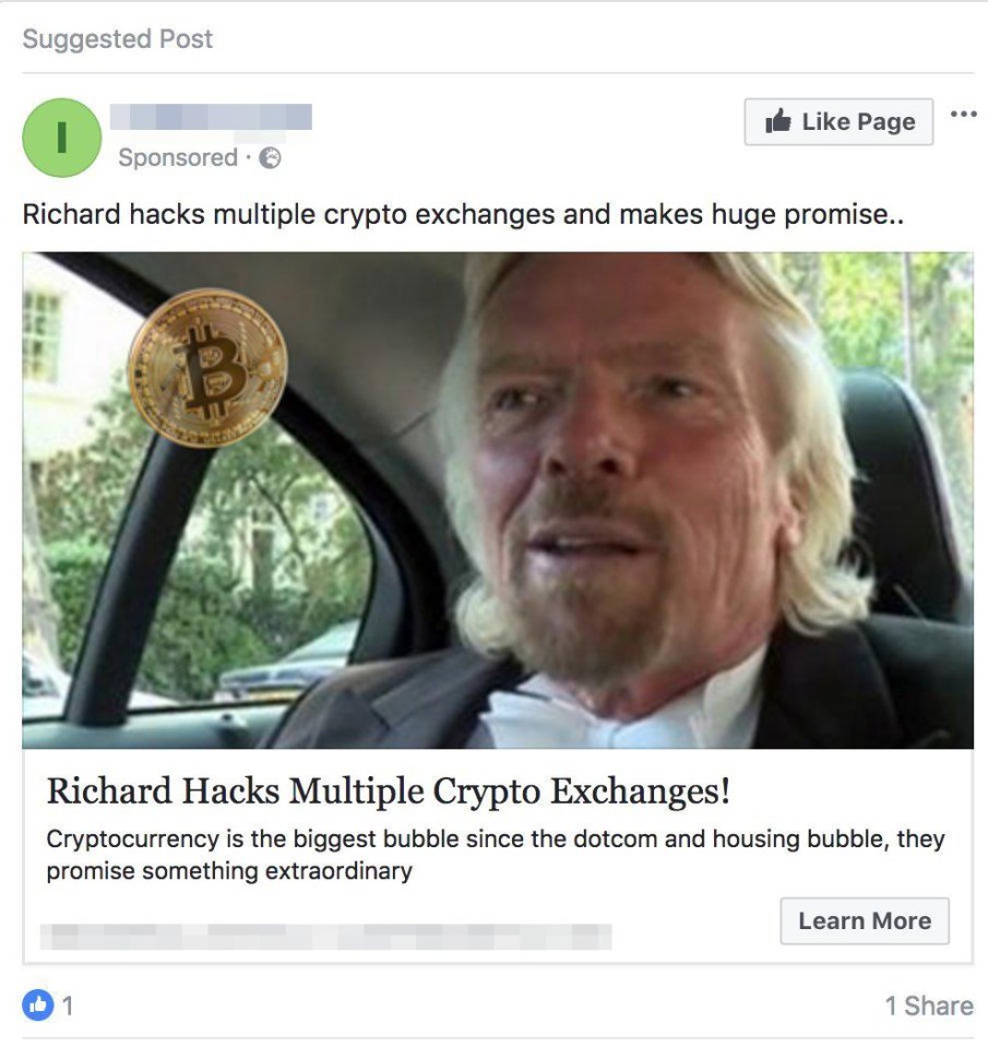 Richard Branson’s image has also been used, this time for a Bitcoin scam