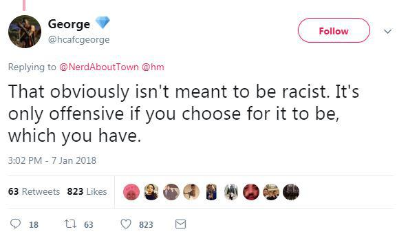  Twitter user George responded that the advert "obviously isn't meant to be racist"