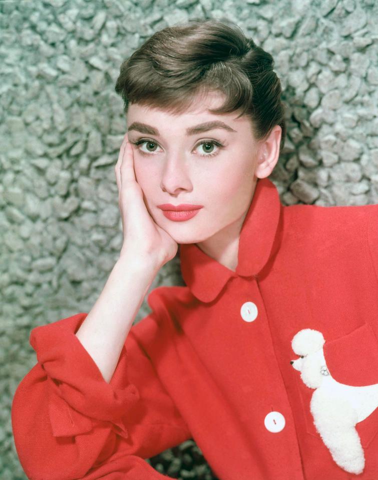  1954: Audrey wears a classic yet bright dog print blouse on the set of Sabrina, the film that introduced her to designer Hurbert de Givenchy