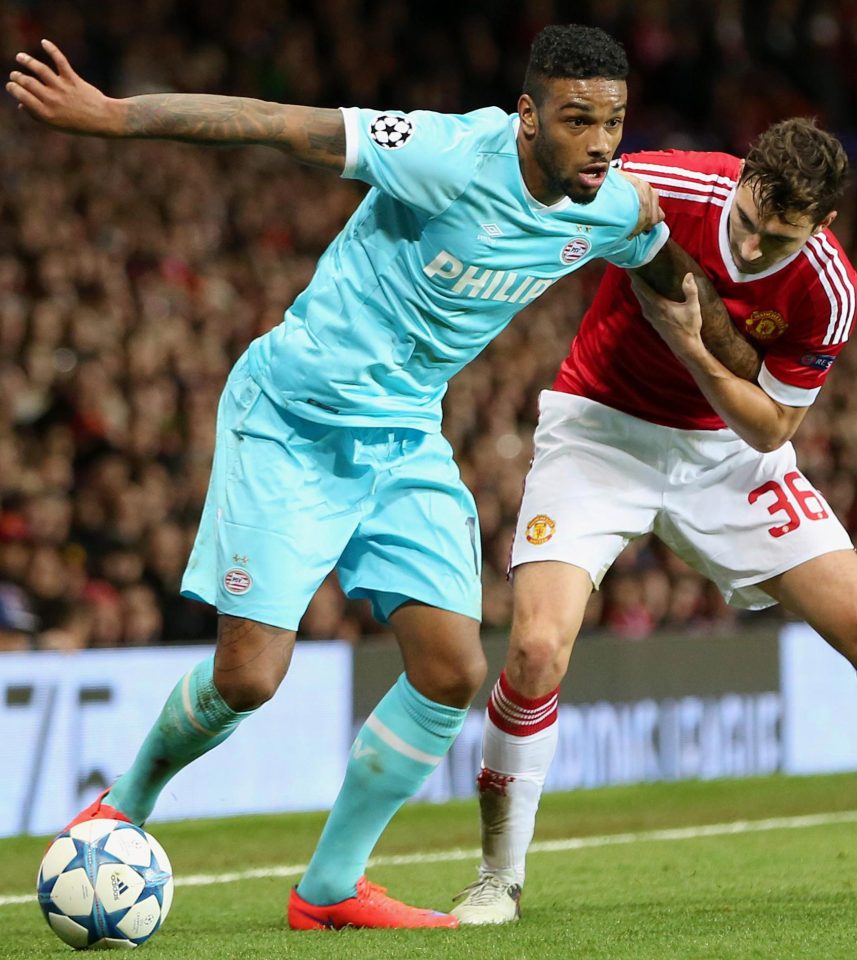  Jurgen Locadia in the thick of it for PSV Eindhoven against Ajax