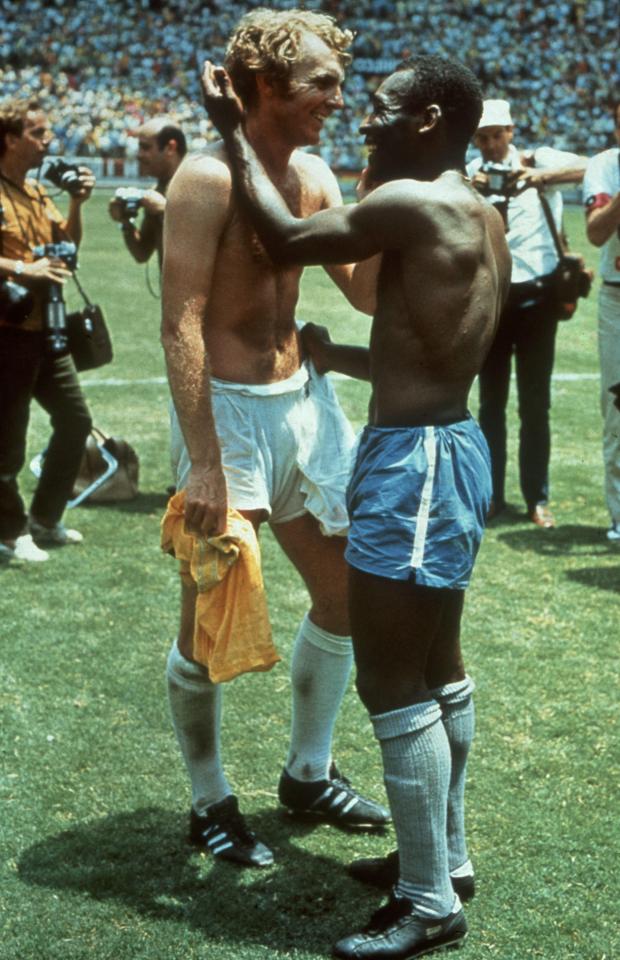  Pele and Bobby Moore swap shirts at the end of their classic duel at the 1970 World Cup