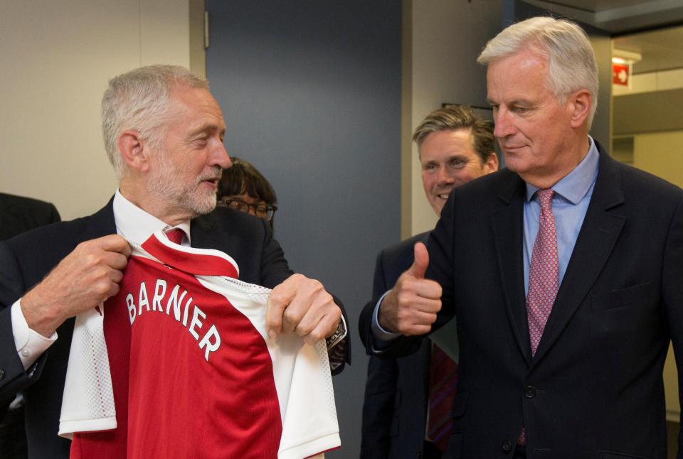  Labour leader Jeremy Corbyn hands Arsenal shirt to Barnier