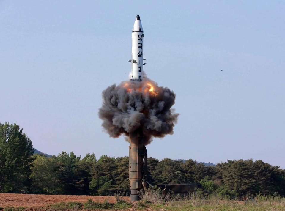  North Korea has ramped up its missile development programme in recent years. Pictured, a Pukguksong-2 missile lifts off during its launch test at an undisclosed location in North Korea