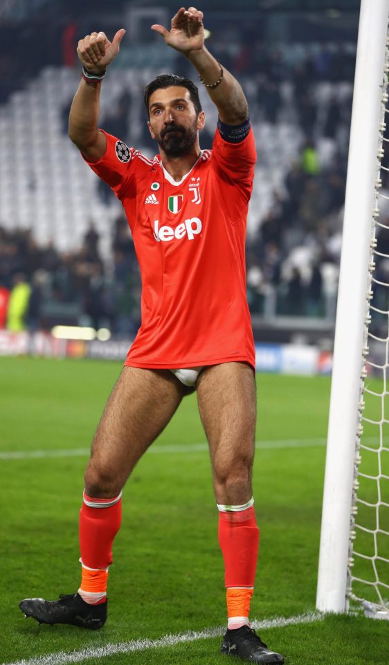  Gianluigi Buffon celebrates after giving his shorts to a fan after draw with Barcelona in November 2017