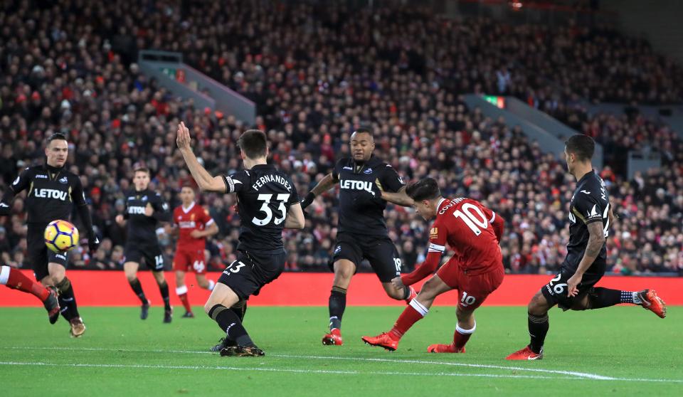  Philippe Coutinho scores against Swansea - his last goal for Liverpool