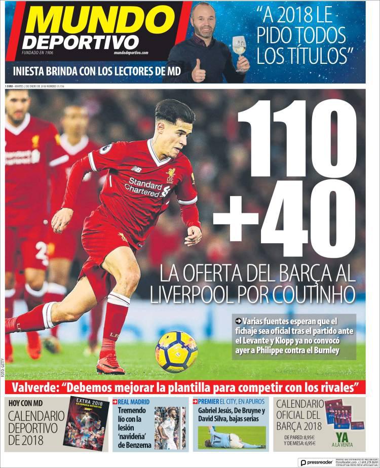 Mundo Deportivo claim Barcelona have offered £98m plus £35m in add-ons for Philippe Coutinho