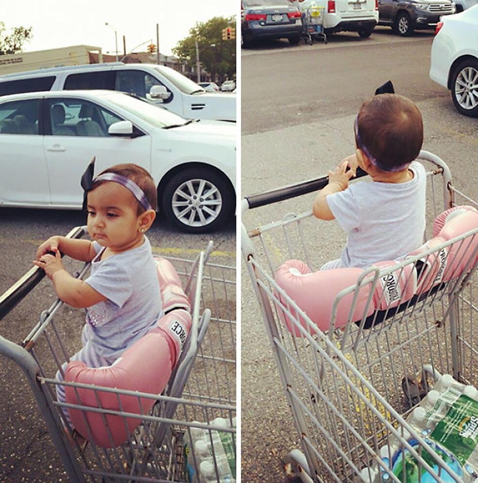  If your baby is too small to fit in a trolley-seat add two boxing gloves to make them comfortable