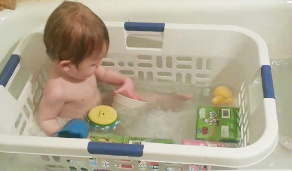  Make sure your tot is safe and amused in the bath with this basket idea