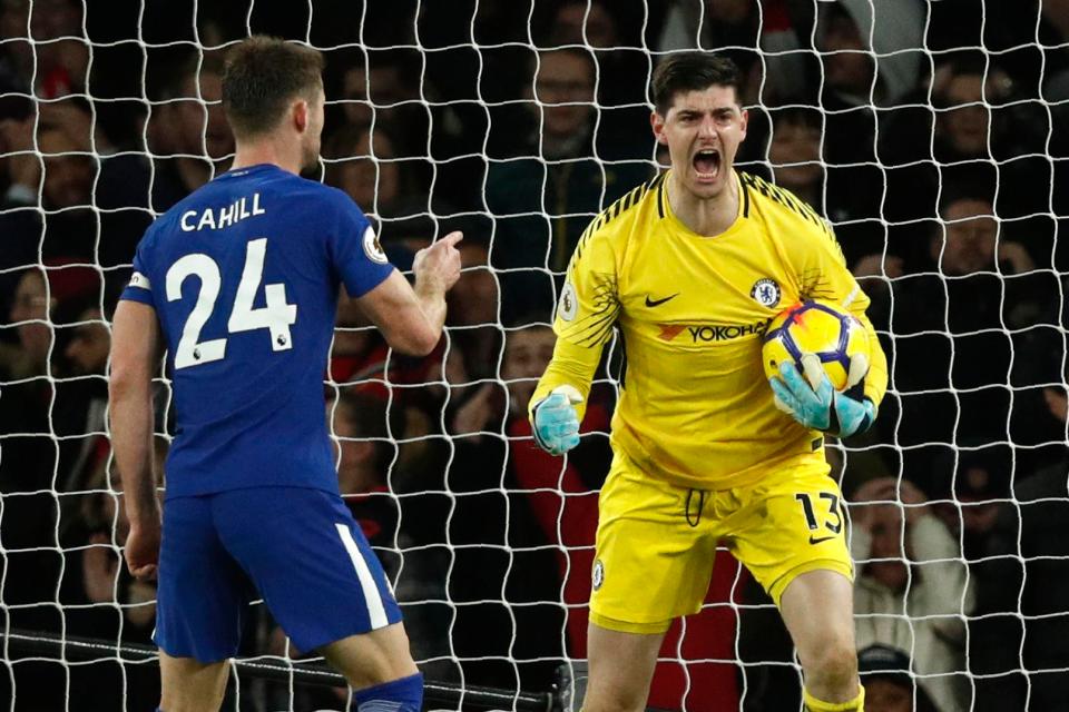  Courtois celebates a stunning save in the 2-2 draw with Arsenal