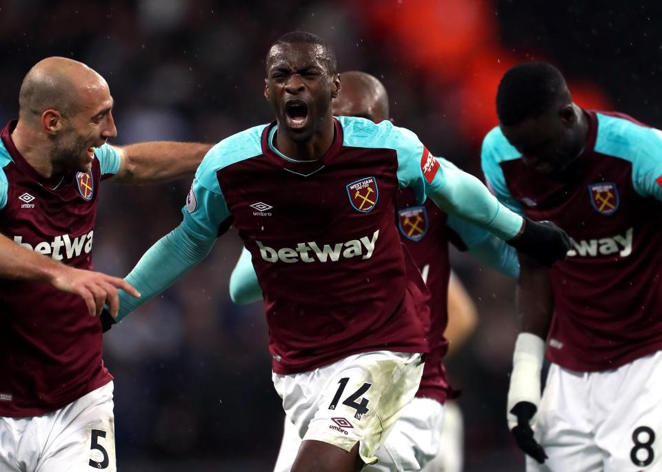  Obiang celebrates after netting a screamer against Spurs earlier this month