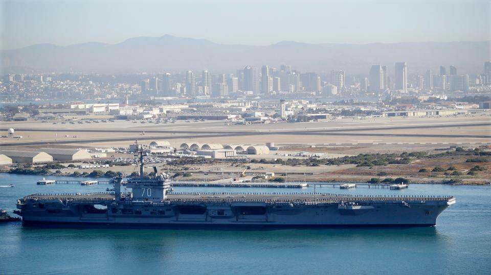  The nuclear-powered USS Carl Vinson aircraft carrier leaves San Diego Bay on Friday