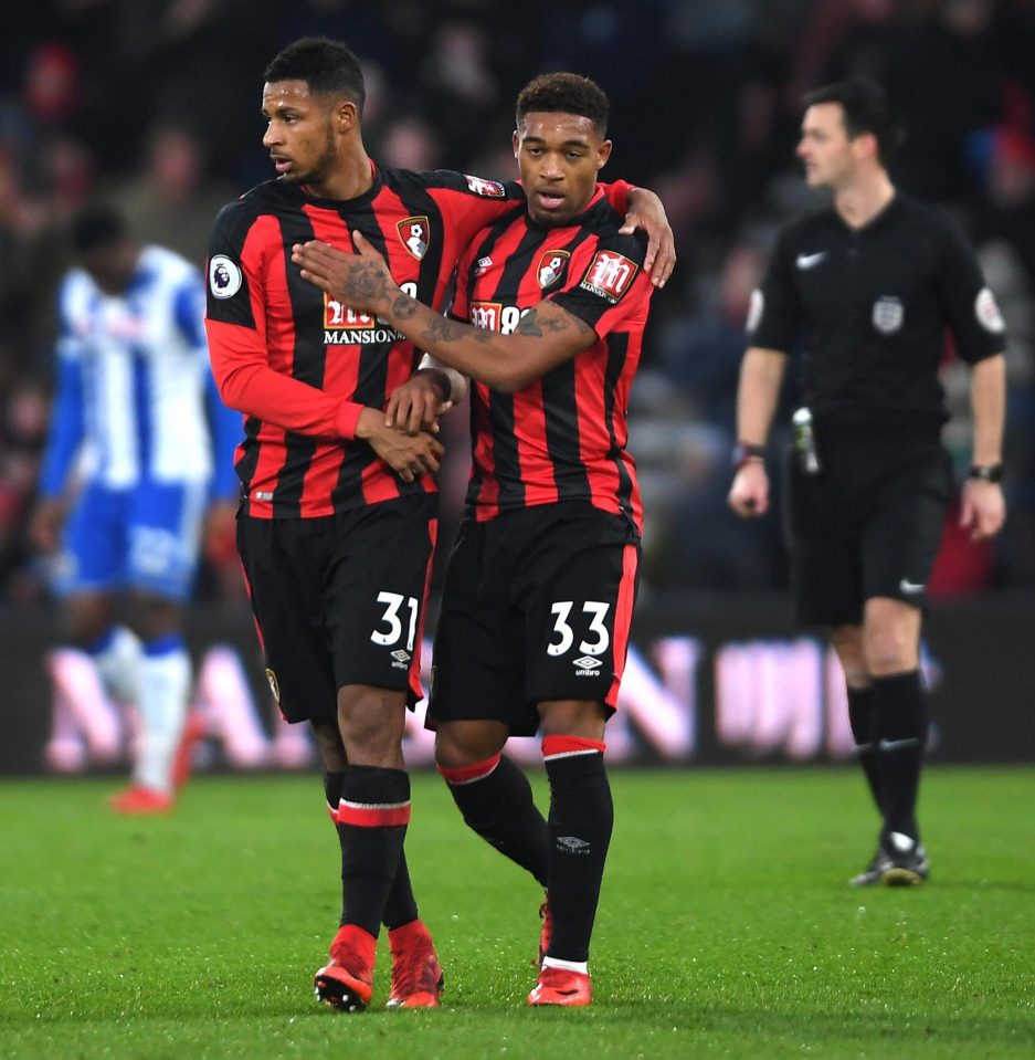  Mousset celebrates with Jordan Ibe after grabbing his first goal for Wigan