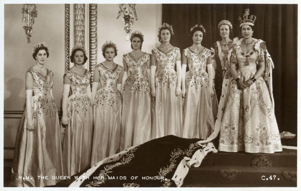  Trip . . . Jane Stewart, second left, and other maids of honour with Her Majesty