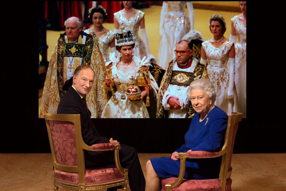  In the BBC documentary, the Queen watches footage of the occasion with presenter Alastair Bruce