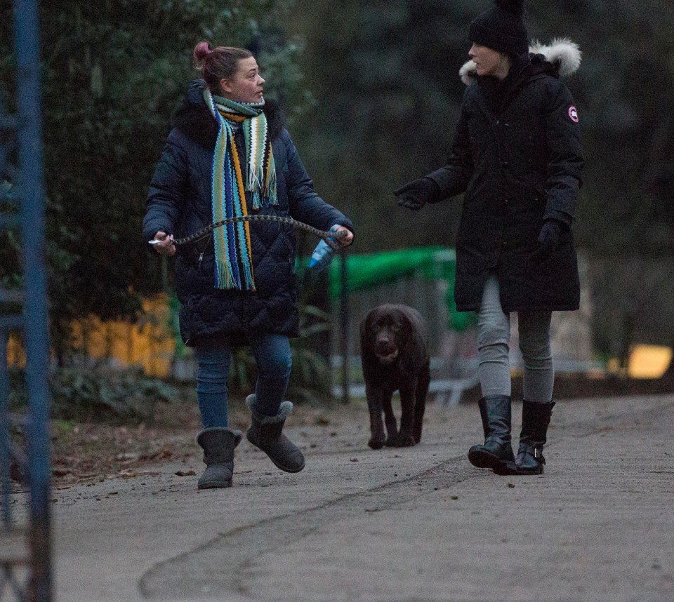 Lisa walks Ant's pet dog in London last week 