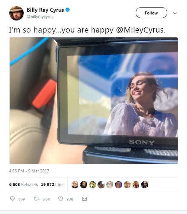 Miley's dad, Billy Ray Cyrus, sparked marriage rumours last year when he posted this tweet of his daughter