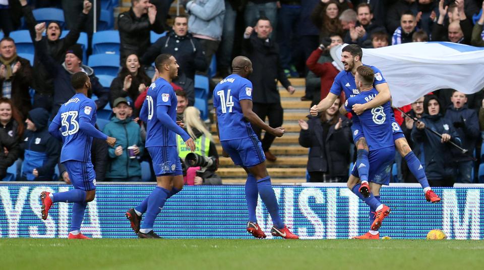  The Bluebirds celebrate the opening goal