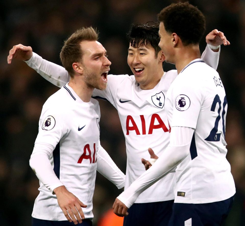  Eriksen celebrates with in-form Heung-min Son and Dele Alli