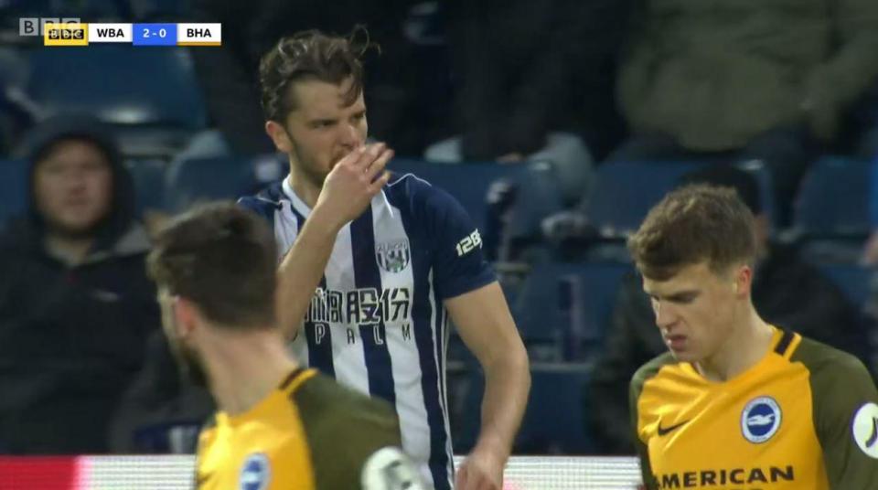  West Brom striker Jay Rodriguez was seen holding his nose as he clashed with Gaetan Bong