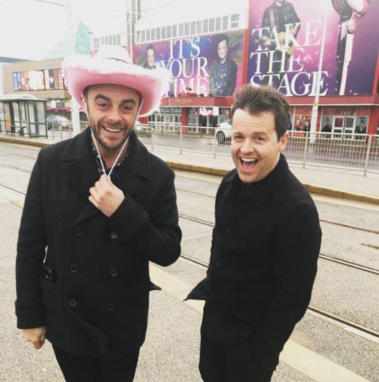  Ant was smiling with joy next to Dec as they filmed in Manchester yesterday