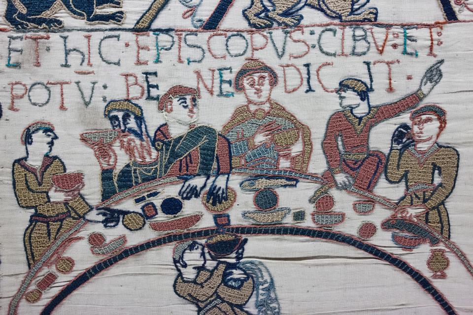  The brightly coloured embroidery depicts the events culminating in the Battle of Hastings in 1066