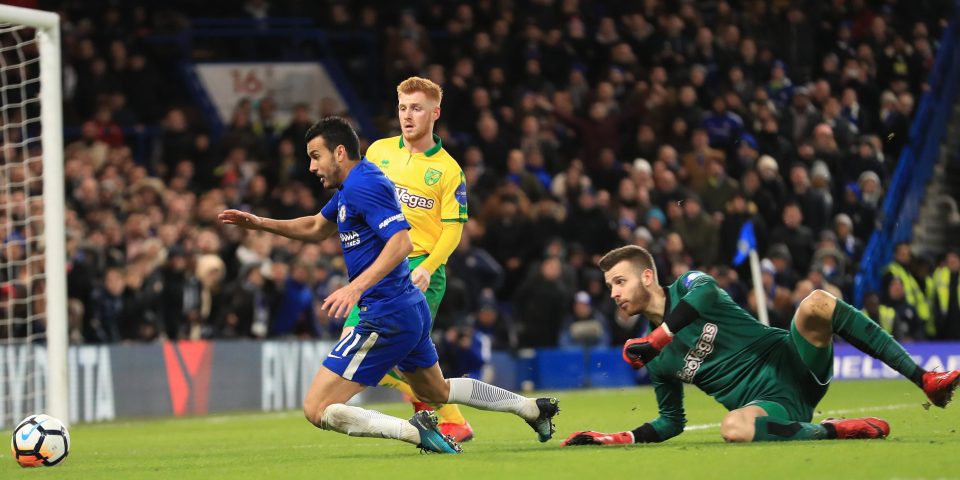  Pedro surges into the penalty area to be confronted by Norwich keeper Angus Gunn