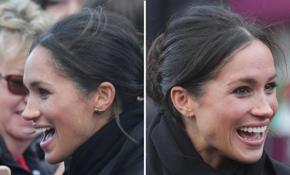  ODD EARRINGS . . . Meghan wore an arrow-shaped diamond stud in one ear and three joined gold stars costing £209 a pair in the other