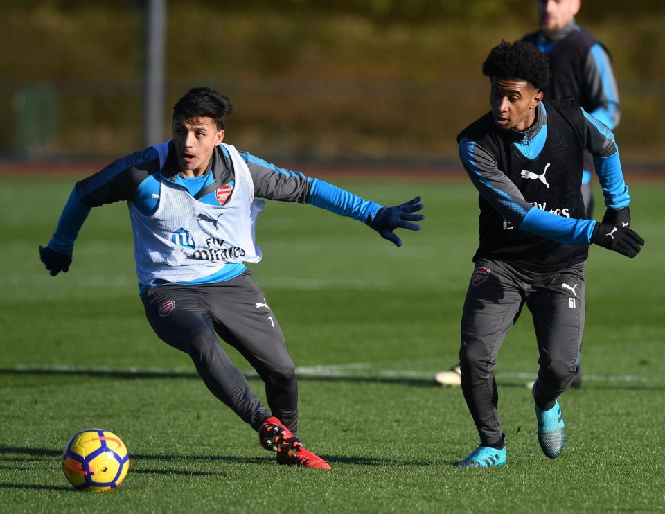  Alexis Sanchez challenges for the ball during Arsenal's training session at London Colney