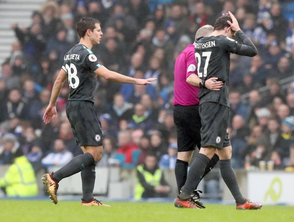  Christensen initially carried on but looked dazed but referee Jon Moss appeared to make the call that he couldn't carry on