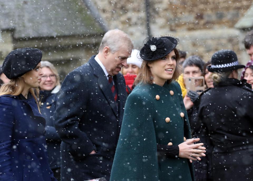  Princess Beatrice, Prince Andrew and Princess Eugenie attend Sunday service on January 21