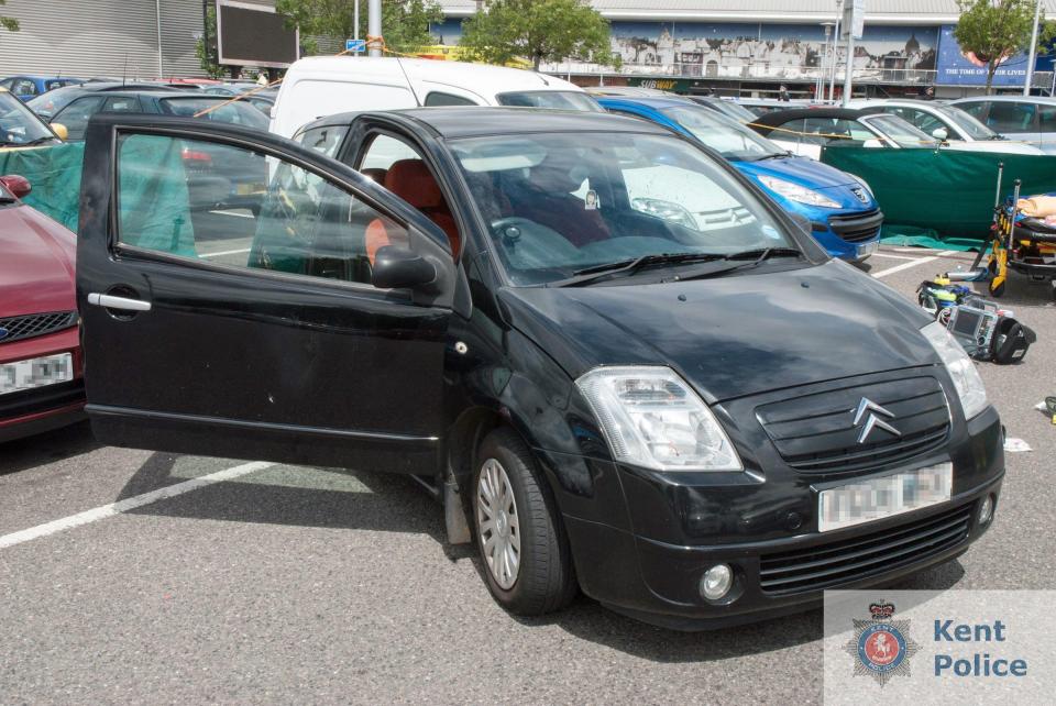  Molly McLaren's Citroen C2 at the scene of the murder in the car park of the Dockside retail outlet in Chatham