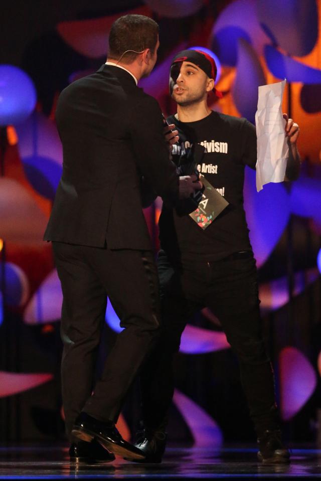  Dermot stepped in to calm the man down before he made it fully onto the stage