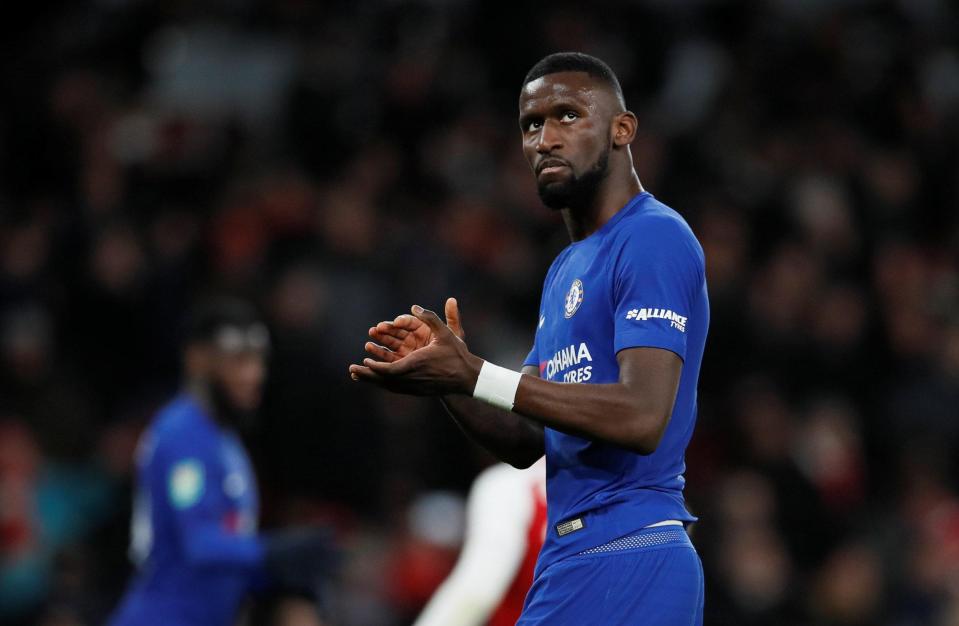  Antonio Rudiger applauds the travelling Chelsea fans after the full-time whistle in North London