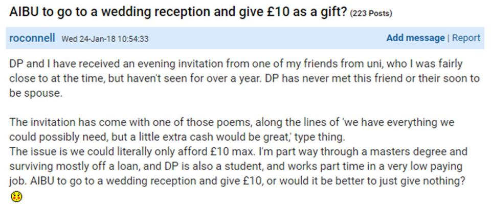  A mother begins a heated discussion over whether £10 is an acceptable wedding gift