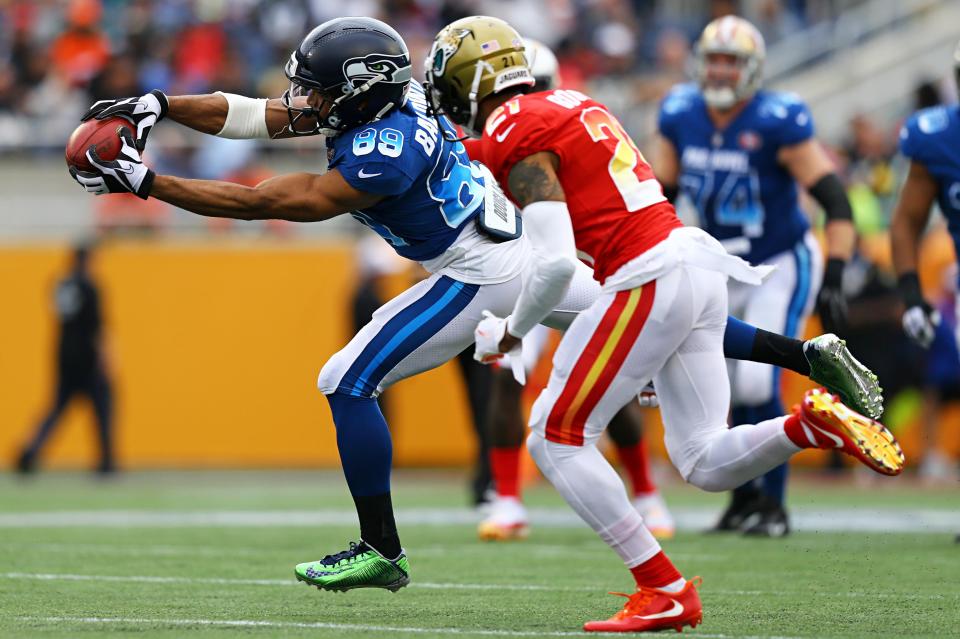  Seattle wide receiver Doug Baldwin pulls in a catch for the NFC team