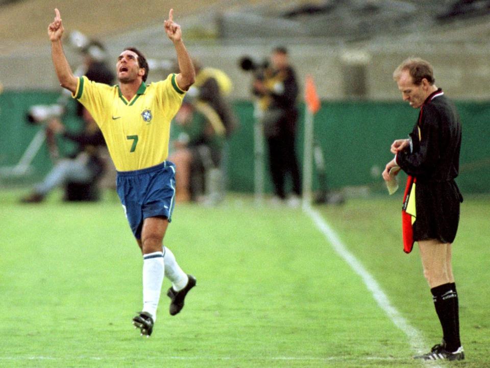  Brazilian player Edmundo celebrates scoring against El Salvador