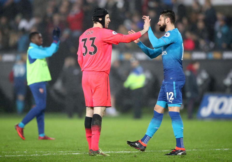  Petr Cech greets Giroud as he leaves the pitch for probably the last time as an Arsenal player