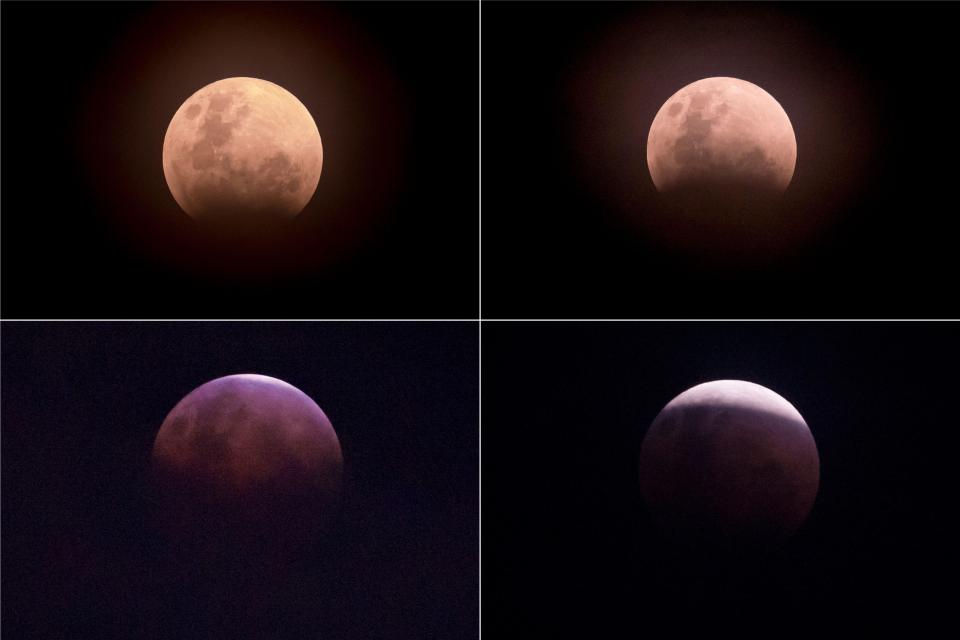  This combo image (from top left clockwise) shows the moon during a lunar eclipse referred to as the 'super blue blood moon' in Jakarta