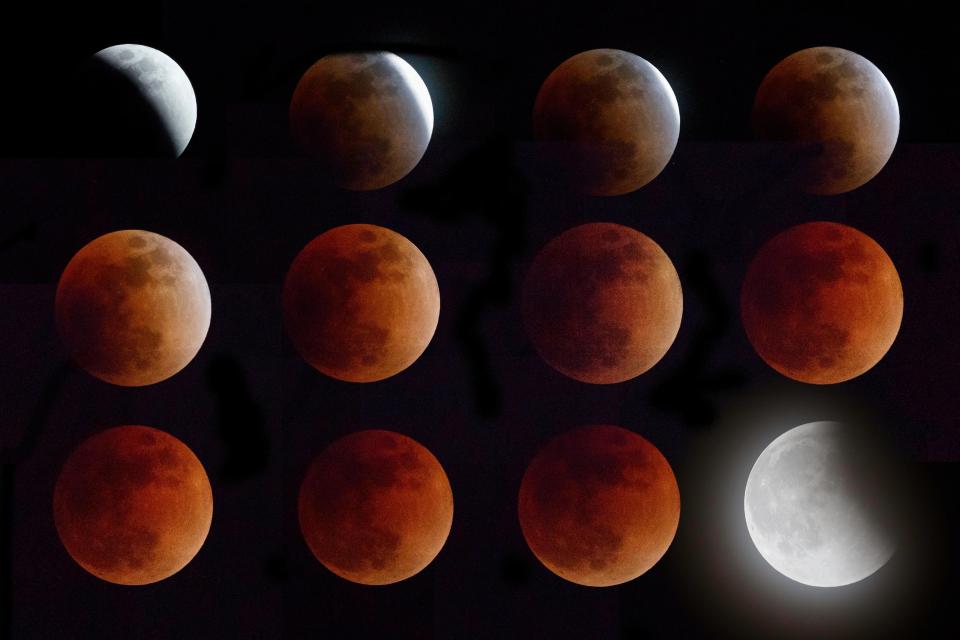  A sequence of images shows the supermoon turning blood red during a lunar eclipse in Tokyo on January 31