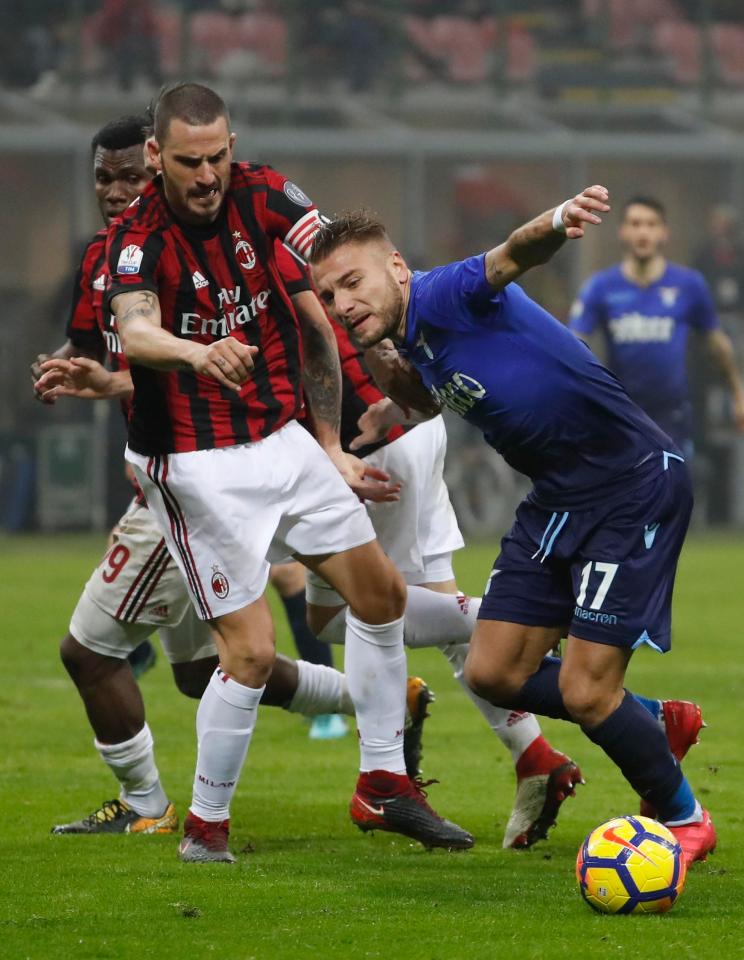  Leonardo Bonucci and Ciro Immobile do battle in AC Milan penalty area