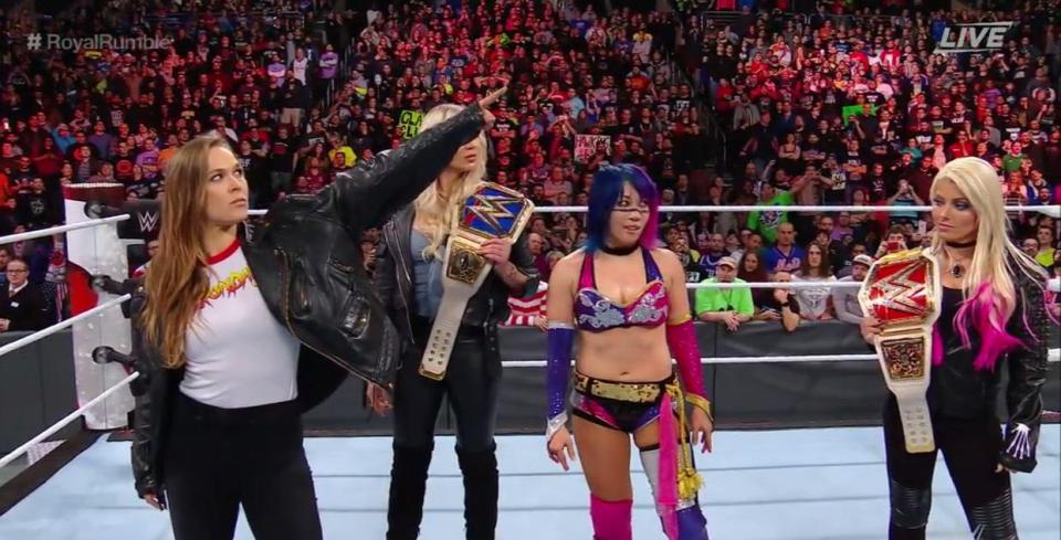  Rousey was in the ring with champs Alexa Bliss, Charlotte Flair and the winner Asuka