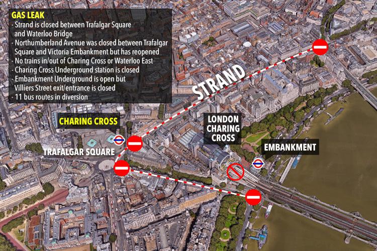  A map showing the areas cordoned off. The stretch of Northumberland Avenue has since reopened