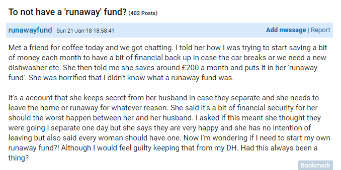  The Mumsnet user was left wondering whether she should have a 'runaway fund' herself