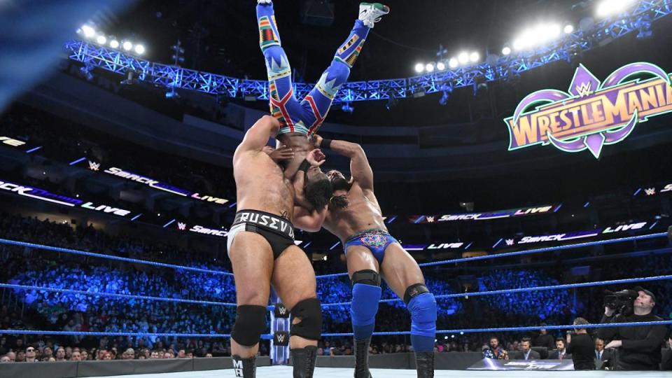  Rusev and Jinder do a double suplex