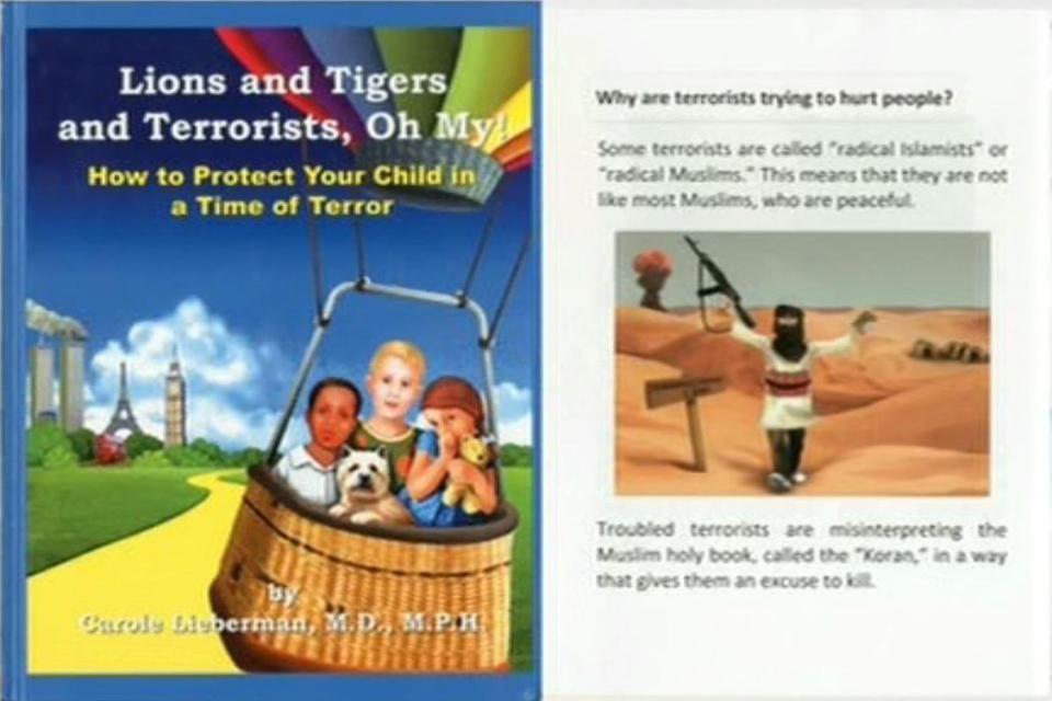  A book aimed at kids aged five to 14 features cartoon depictions of the burning Twin Towers and a masked jihadi with a bomb vest