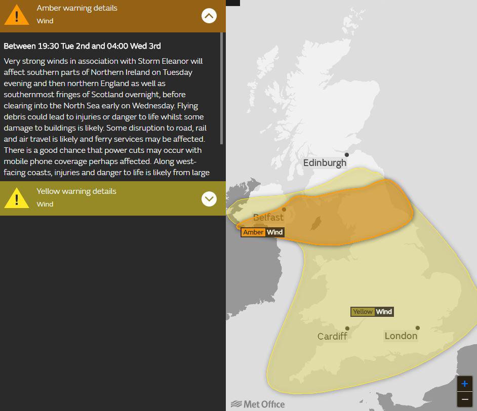  The Met Office issued an amber weather warning for dangerous winds as Storm Eleanor hit last night