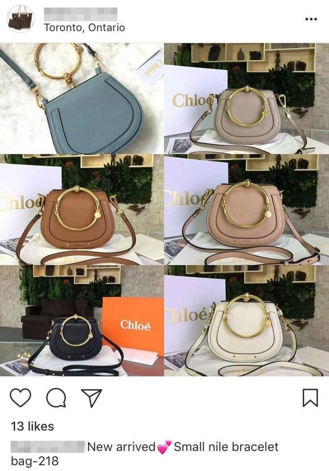 Candy, a popular replica Instagram account, is selling the Chloe small Nile bag for £155 in a range of colours including black, tan, ivory, pastel pink and light blue