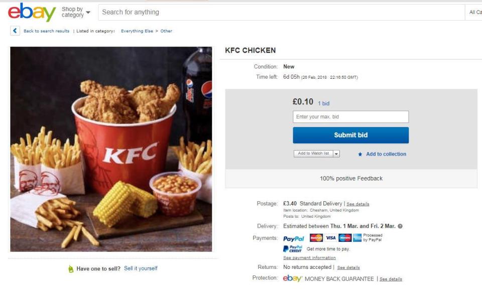  Someone is trying to flog KFC chicken on eBay but we're not convinced it's real...